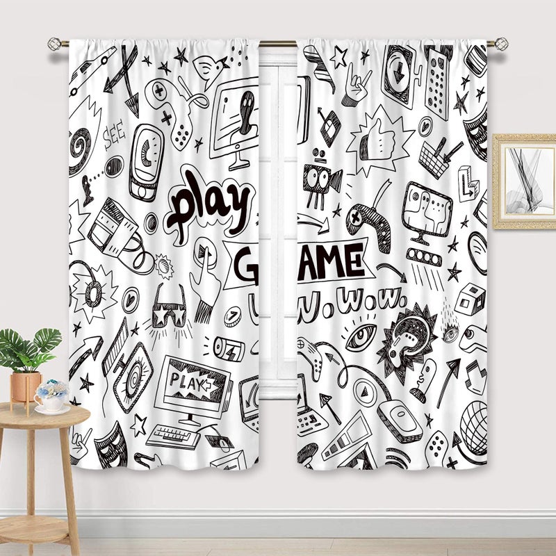 Cinbloo Black and White Curtains for Boys Bedroom 42W x 63L Inch Rod Pocket Gamer Room Decor for Boys Kids Video Games Printed Gaming Wall Art Teens Bedroom Living Room Window Drapes Fabric 2 Panels - Image 2